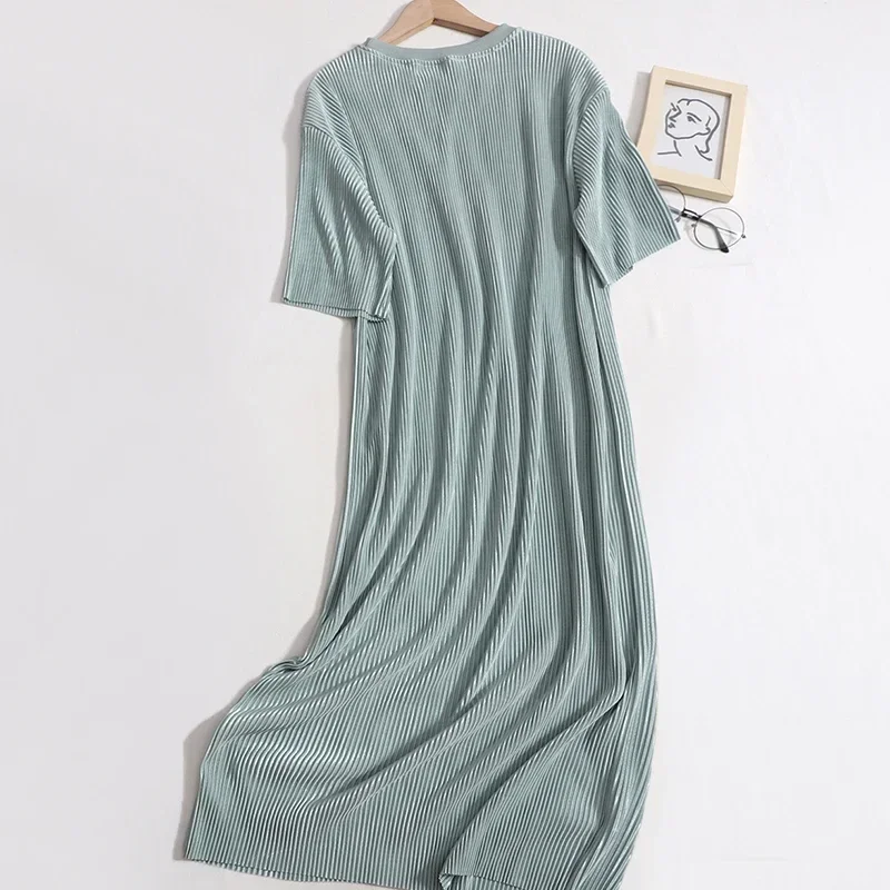 ITOOLIN Damen Lässiges Plissiertes Loses Kleid O-Ausschnitt Kurzarm Elegantes Büro-Strickkleid Sommer Damen Party Vestido 2025