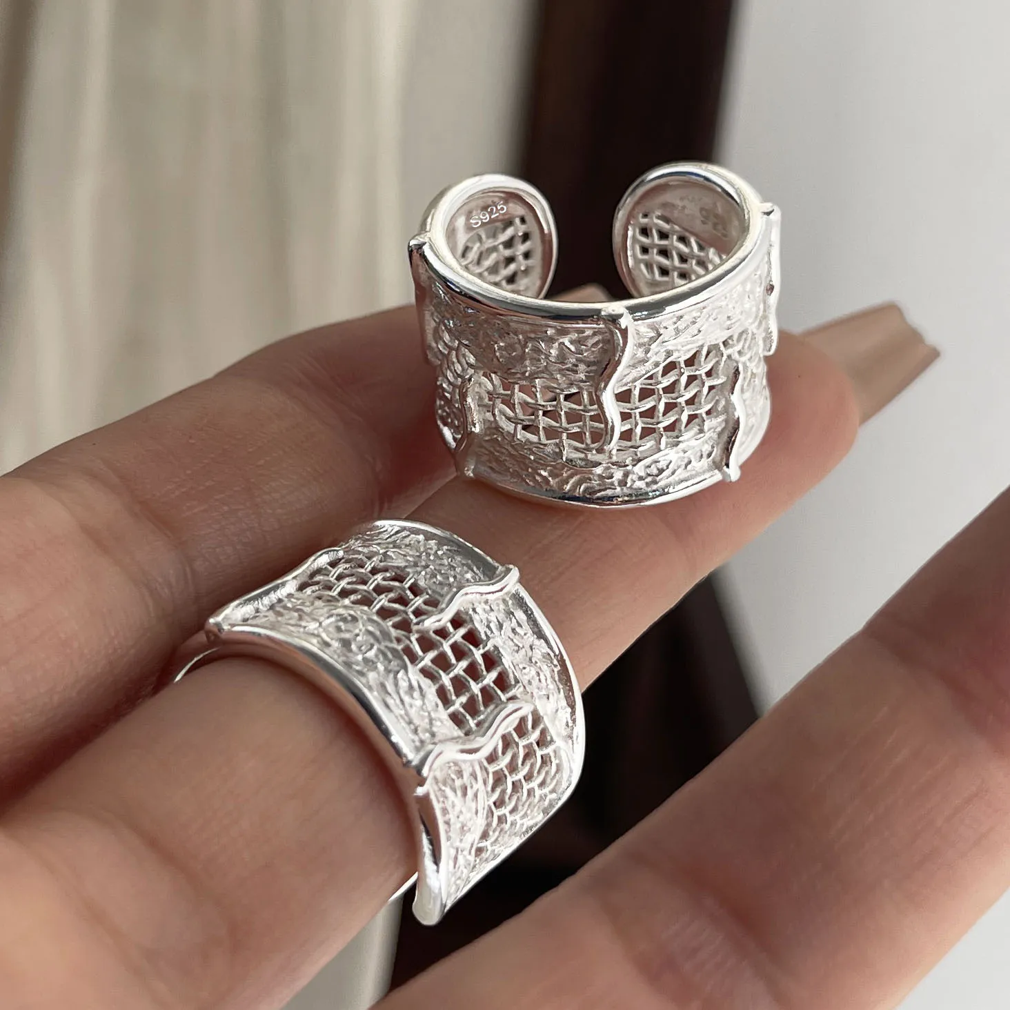 

925 Sterling Silver Rings for Women Couple Minimalist Handmade Simple Hollow Wide Ring Fine Jewelry Gift Prevent Allergy