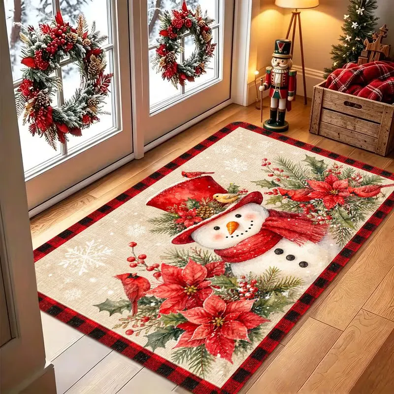 Stunning Reindeer Snowman Winter Wonderland Durable Low Profile Indoor Entrance Rug For Holiday Season Home Decoration Piece