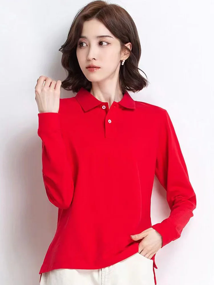 Women Autumn 100% Cotton Casual Long Sleeve Polos  Lapel T-shirt  Breathable Fit Lady Female Large Size Leisure Sport Tees Tops