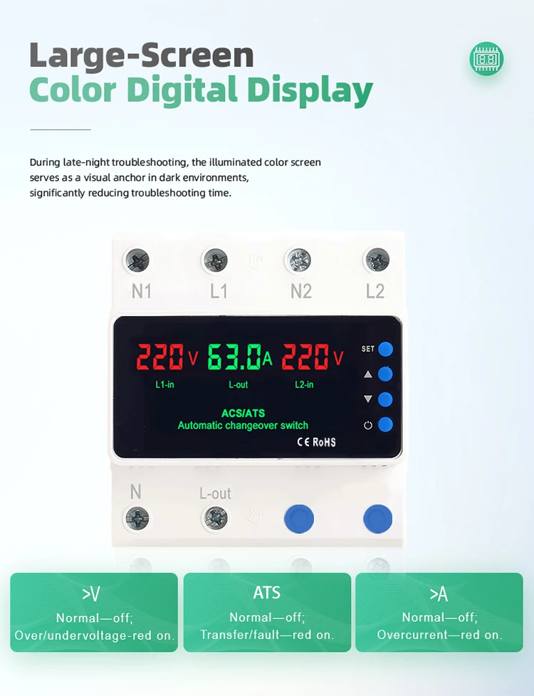 CG LED Display Automatic Transfer Switch 63A 110V Adjustable 2P Dual Power ATS DIN Rail Mount Over Voltage Current Protector