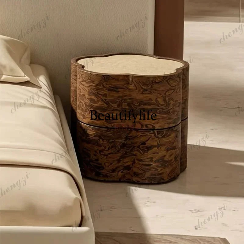 D136 Italian minimalist bedroom bedside table retro tree tumor pattern creative round high-end bedside table