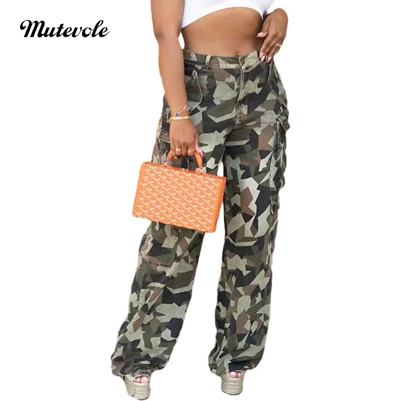 

Mutevole Women Wide Leg Camouflage Cargo Pants Multiple Pockets Straight Pants Pants Y2K Streetwear