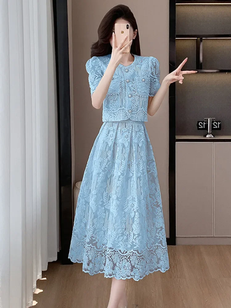 New High End Summer Lace Two Piece Set Women Korean Fashion Embroidery Hollow Out Beaded Short Sleeve Shirt Top Midi Skirt Suit