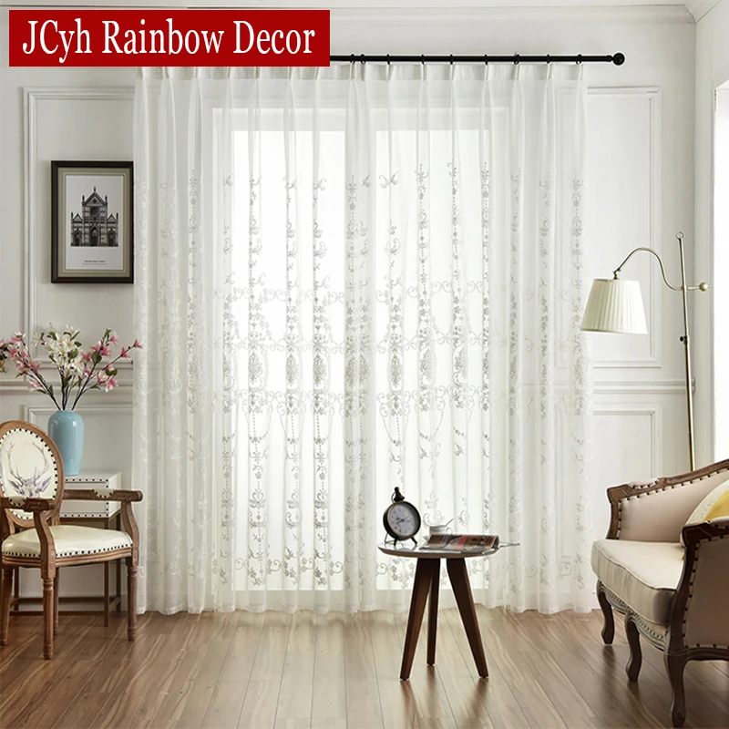 Embroidered White Tulle Curtains For Living Room Luxury Hall European Lace Voile Sheer Curtains For Window Bedroom Girl Drapes