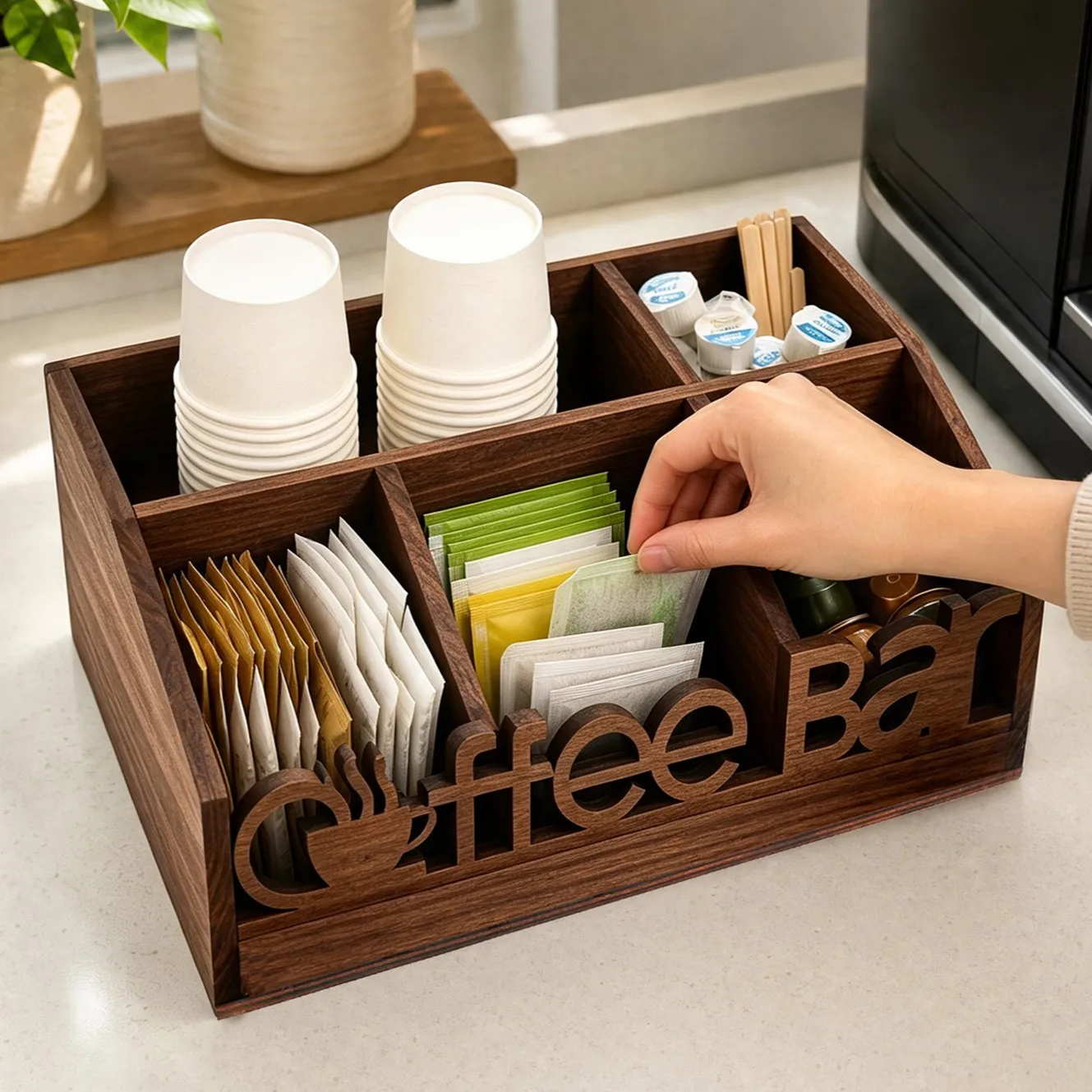 Hölzerner Kaffee-Bar-Organizer Vintage Kaffee- und Tee-Aufbewahrungsstation für Zuhause Küche Büro Arbeitsplatte