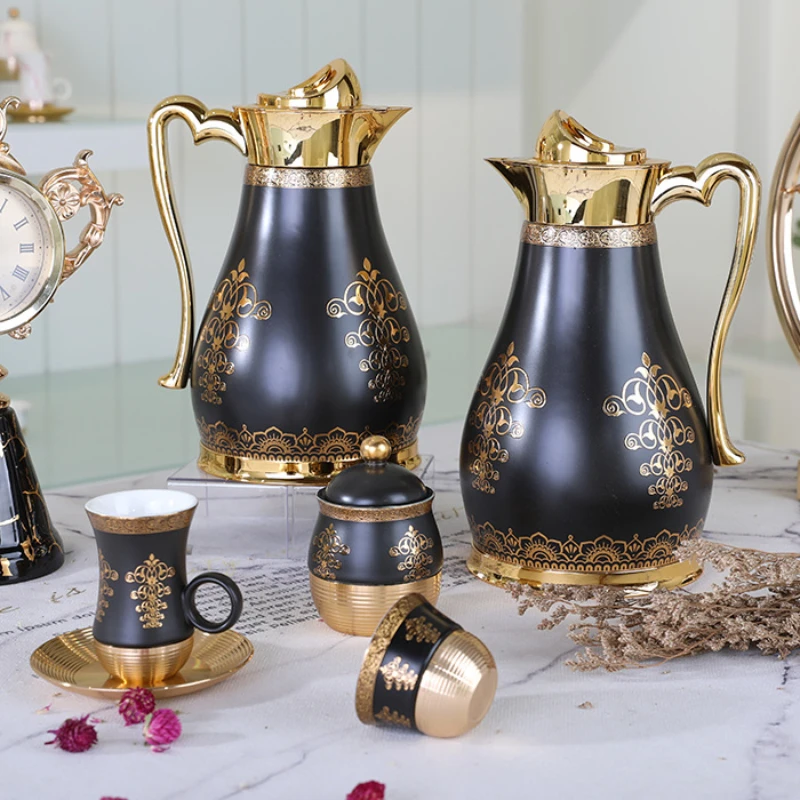 Royal black gold decor tea and coffee set vacuum jug kettle coffee cup saucer and jug dallah arabic coffee pot