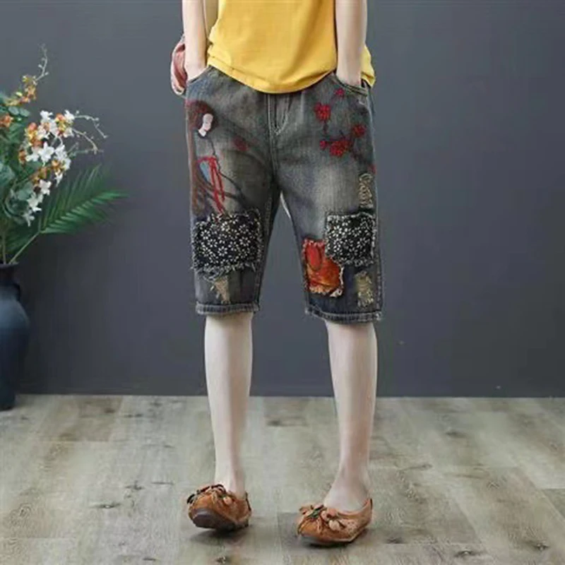 New elastic waisted embroidered denim shorts women slim and high waisted distressed hole street five cropped wide leg pants