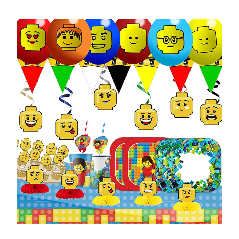 Bloques de construcción, pancarta de feliz cumpleaños, decoraciones para fiesta, vajilla de papel, adorno para pastel, globos de látex, suministros para fiesta de Baby Shower