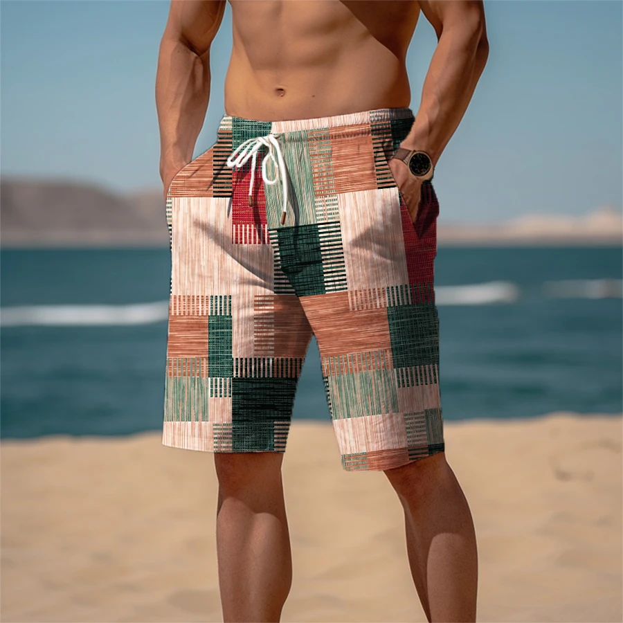 Short de plage pour homme, tissu éponge, taille élastique, imprimé 3D graphique, tissu à carreaux rayé, respirant, doux, 03