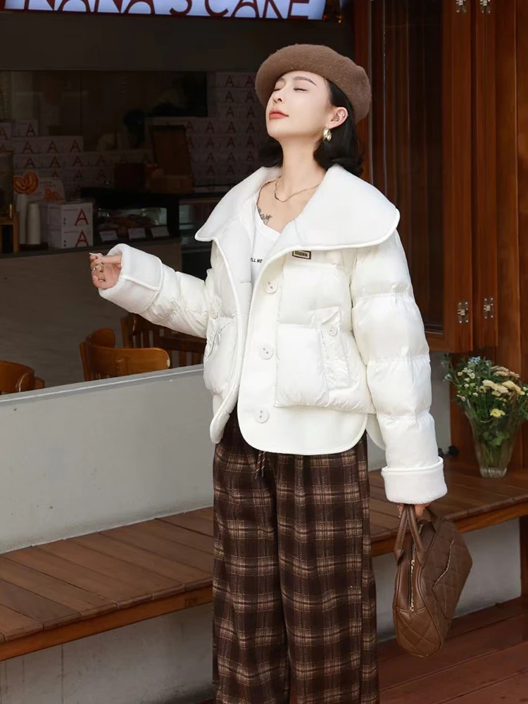 Winter Kurze Große Revers Lamm Wolle Unten Jacke Frauen Weiße Ente Unten Lose Parker Outwears Weibliche Einreiher Stepp Jacken