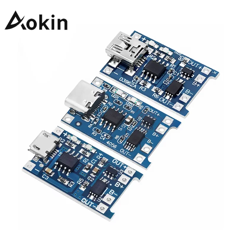 Aokin 5V 1A Micro/Type-c/Mini 18650 TP4056 Lithium Battery Charger Module Charging Board With Protection Dual Functions Li-ion