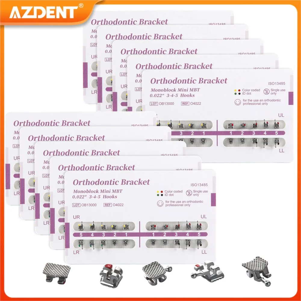 

50 Packs AZDENT Dental Orthodontic Brackets Braces MIM Monoblock Mini Roth/MBT 0.022/0.018 with 3-4-5 Hooks Dentistry