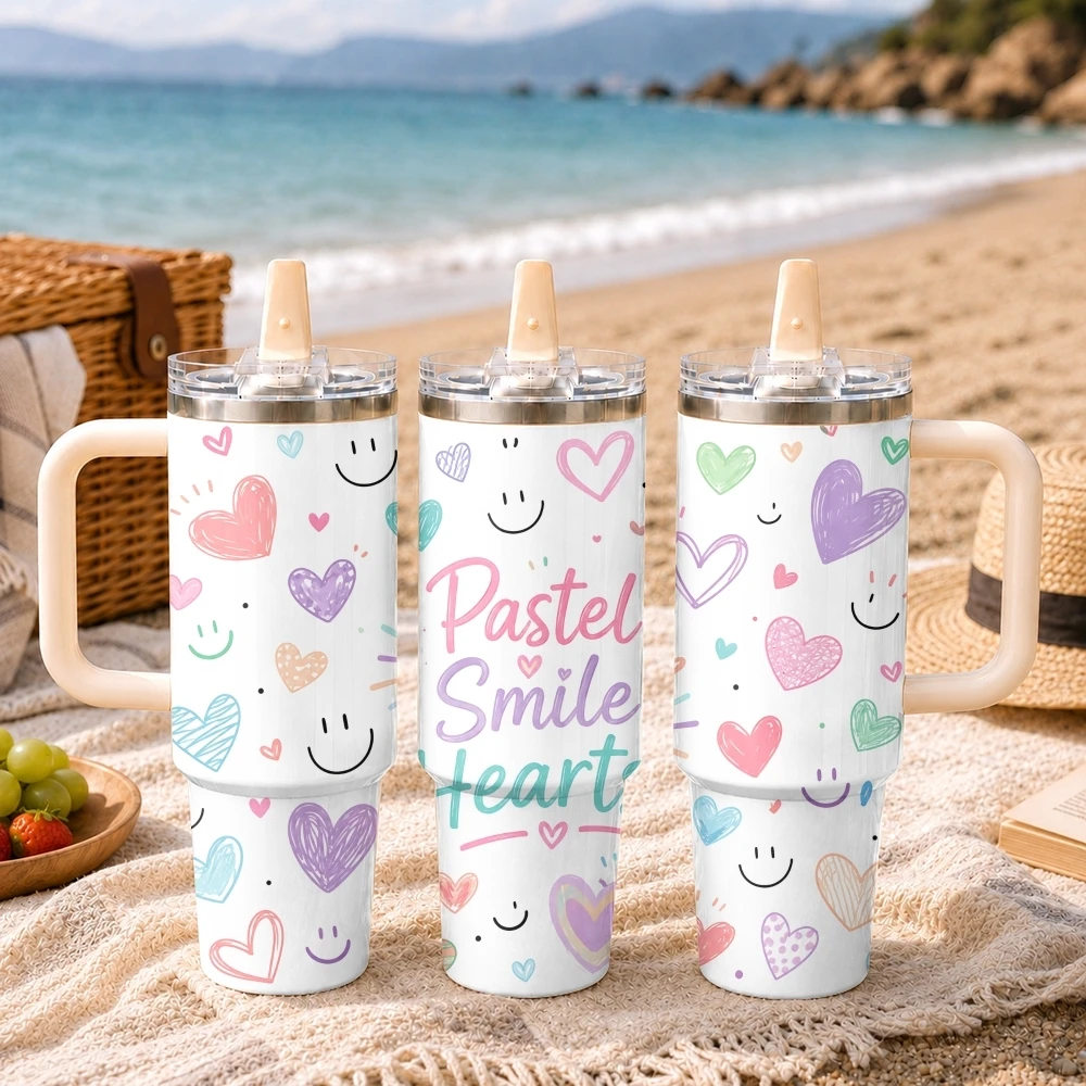 Doodle Cute Smile & Heart Prints Vacuum Flasks 40oz Thermal Tumbler Handle Stainless Steel Insulated Water Portable Mug Cup