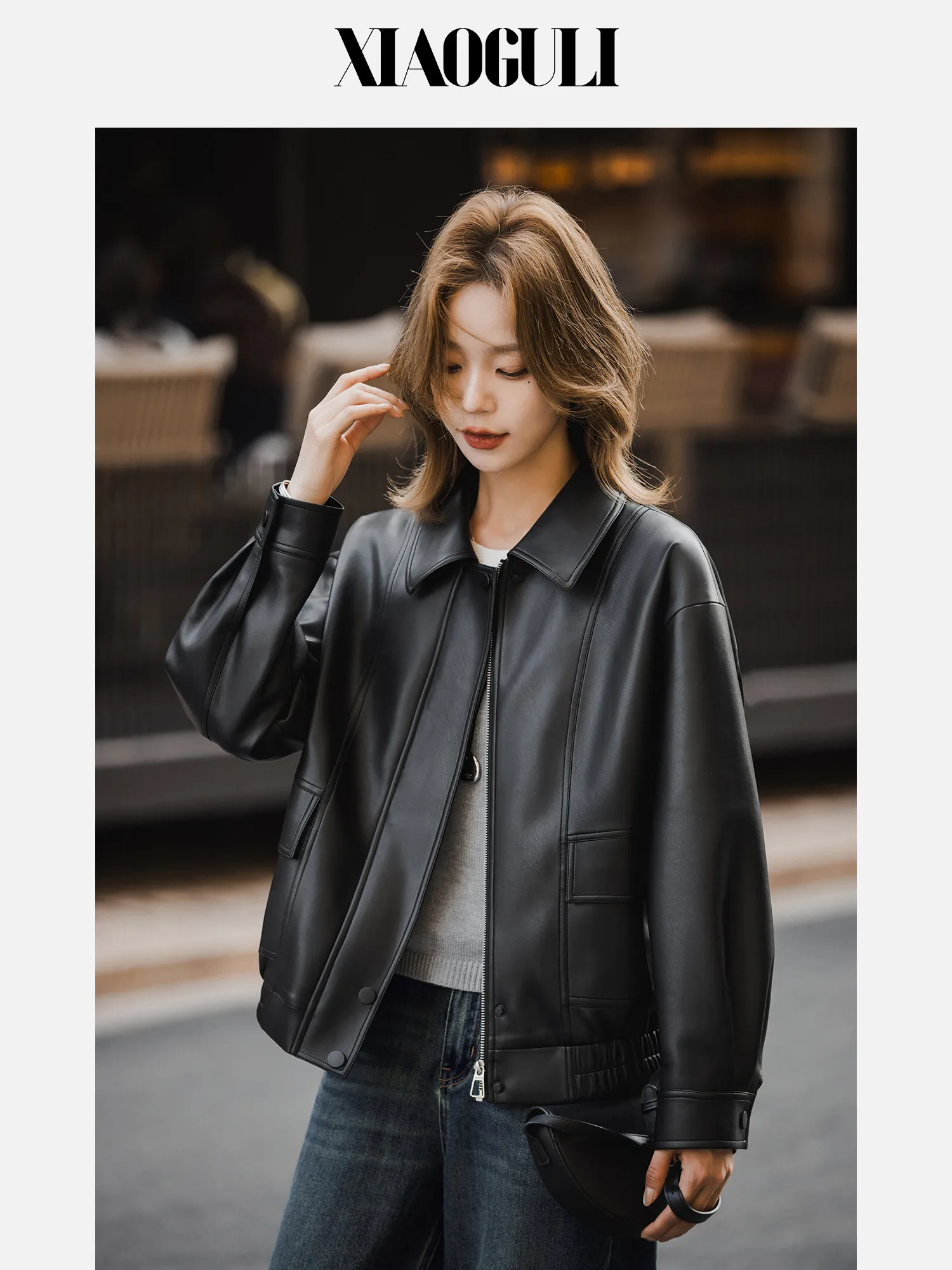 

American Sle Loose Fit ort Leather Jaet Women's Spring 2026 New Casual Cool Collar up Top Zipper Closure Long Sve