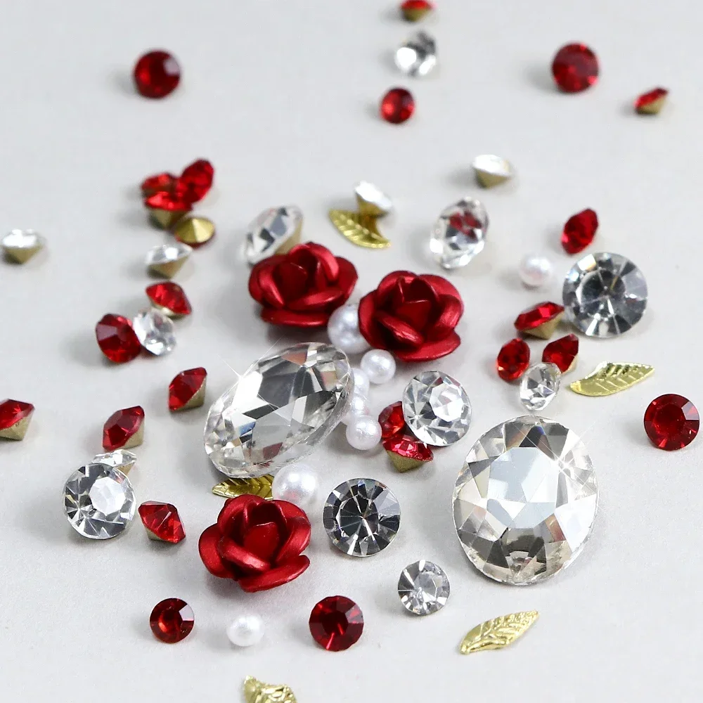 3D Red Rose Nail Art Charms Flatback Flower Pearl Big Diamond Nails Decoration Luxury Rhinestones Nail Art Jewelry DIY Accessory