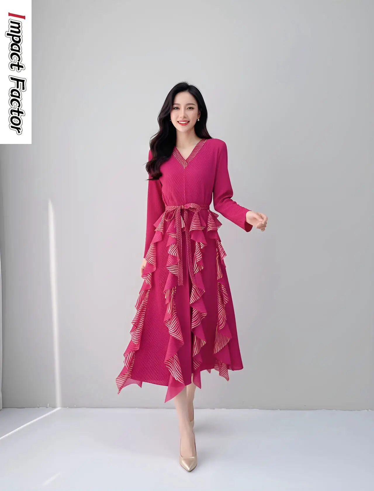 

Miyake 2021, осенне-зимняя новая дизайнерская юбка с рюшами и v-образным вырезом, длинными рукавами, темпераментное тонкое женское платье