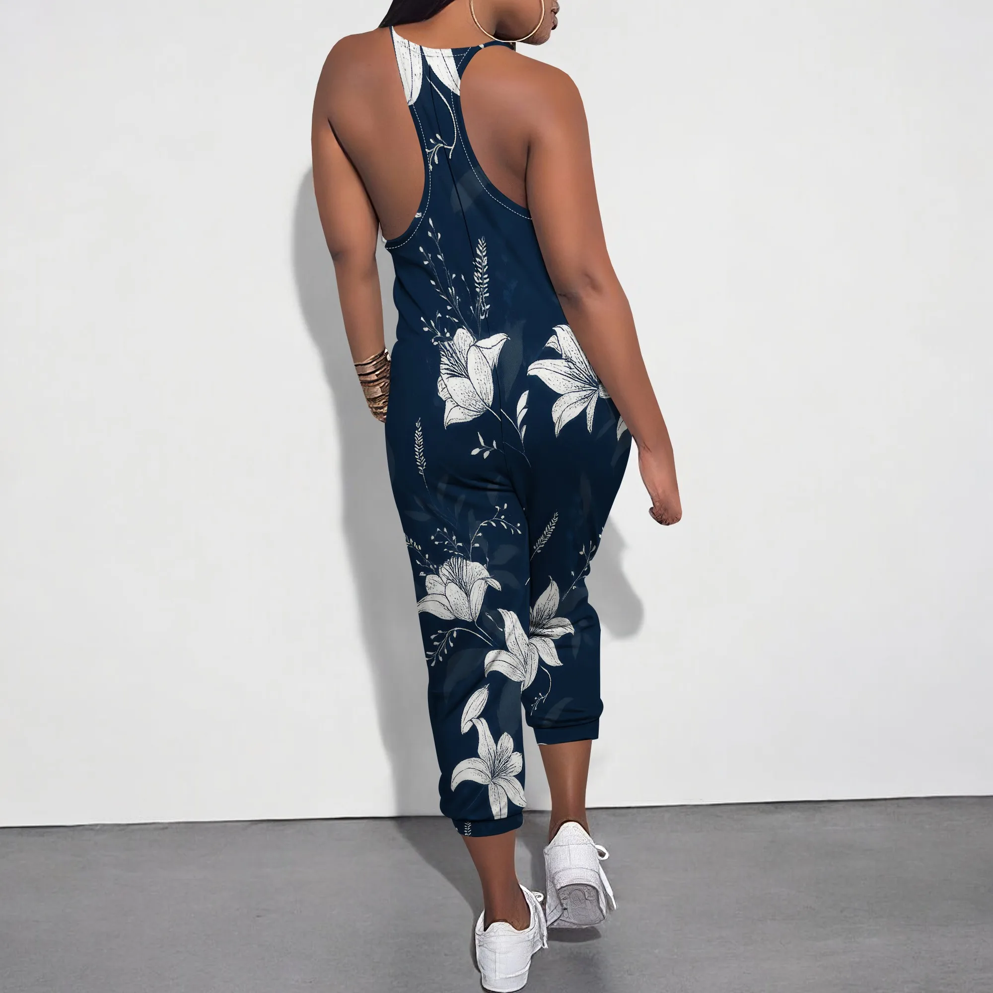 Summer New Multi Colored Printed Loose Elastic Women's Deep V Neck Sleeveless Slim Shoulder Strap Leg Strap Pocket Jumpsuit