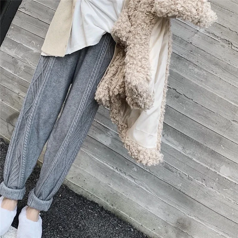 

Knitted Haren Trousers Female Winter Korean Version Loose Everything With High Waist Thickened Twist Wool Pants Woman Clothing