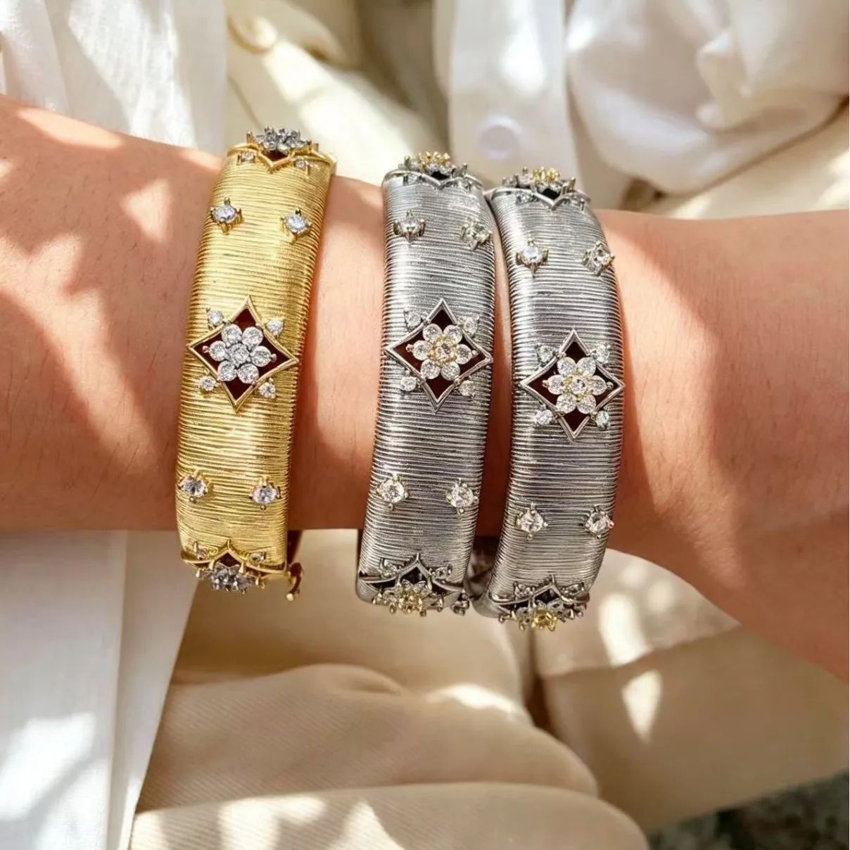 European and American Luxury Heavy Industry Retro Two-tone Electroplated Star Diamond Brushed Metal Ring and Bracelet Set