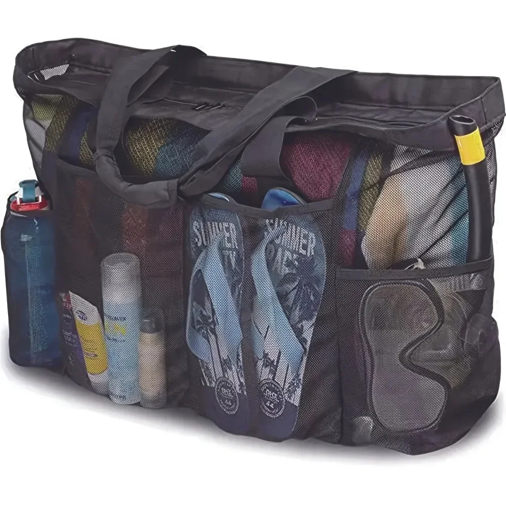 

1pc Extra Large Mesh Beach Bag, Breathable Mesh Tote With Zipper & Side Pockets, Portable Large Capacity Finishing Organizer Bag