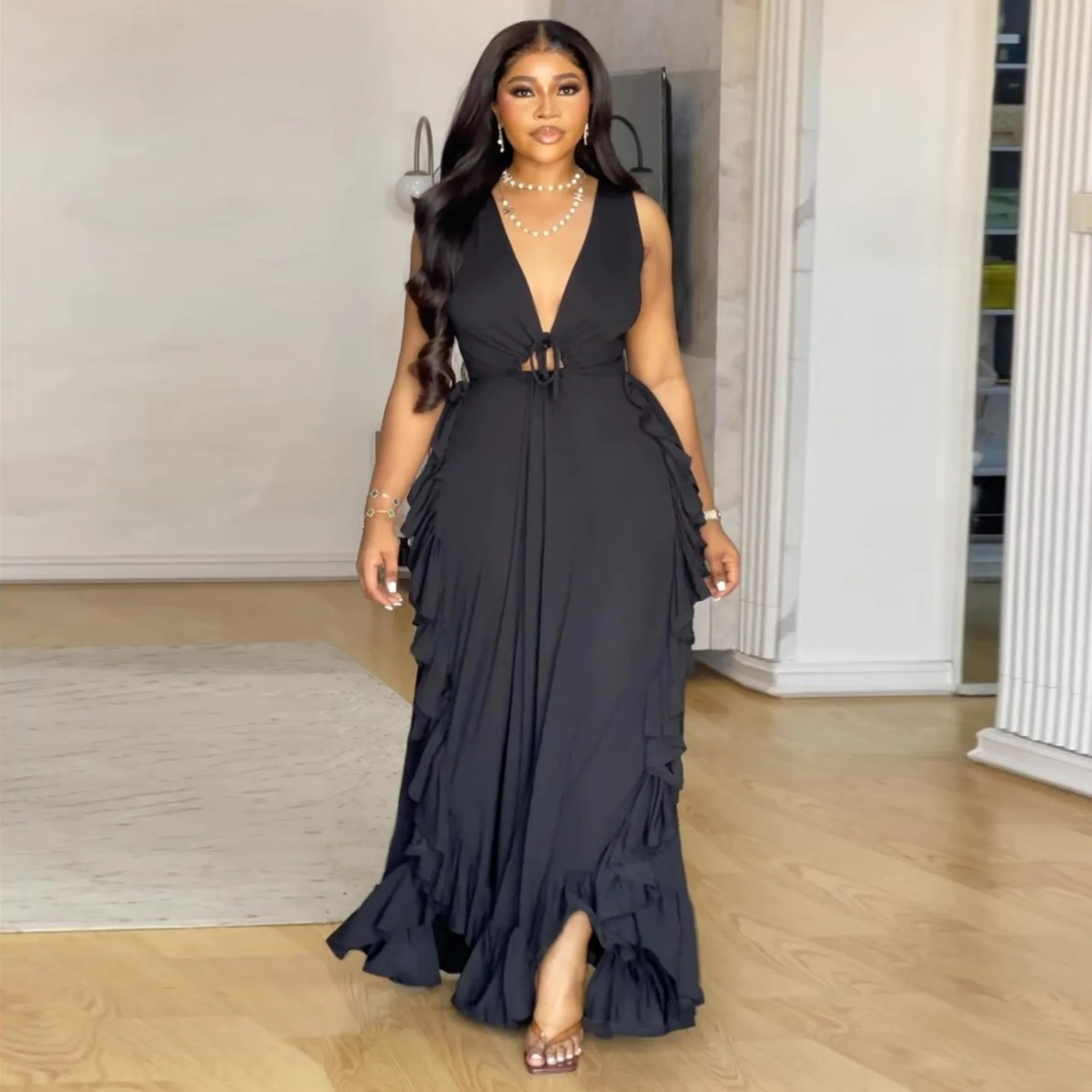 

Women Crop Strap Dresses Solid Ruffles Dress Ankle Lenth Sleeveless V Neck A Line Waist Cinch Slim Sexy Elegant 2026 Summer