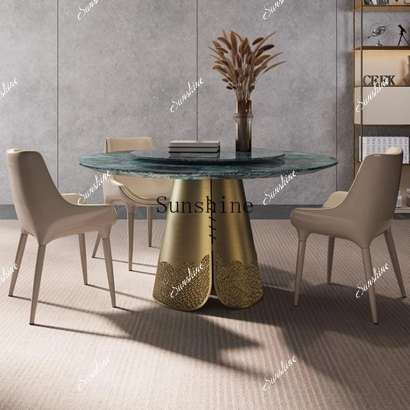 Modern simple round high-grade stainless steel light luxury dining table with turntable FT