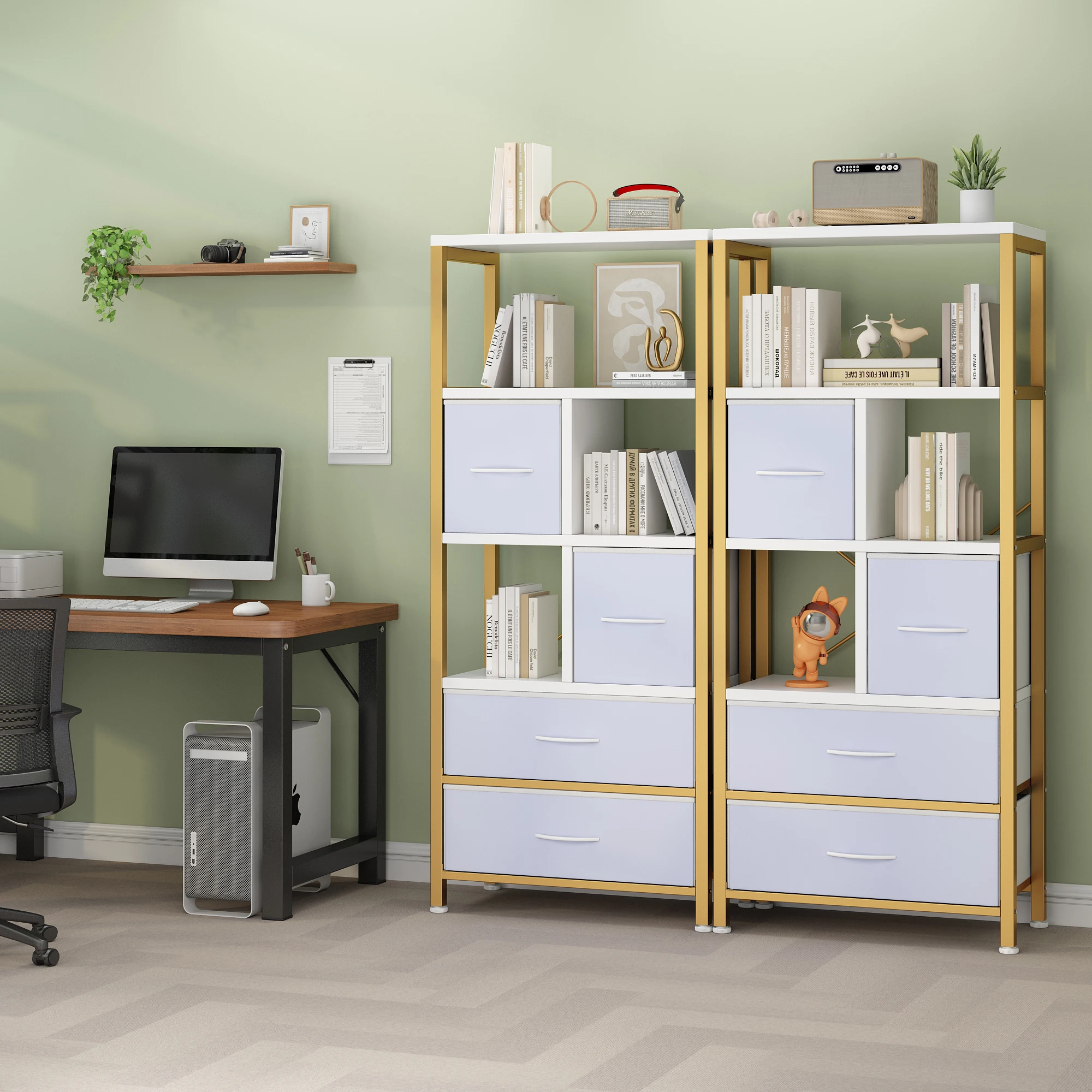 5 layers with 4 drawers bookshelf particle board iron frame non-woven fabric 60*30*147cm gold frame white plate