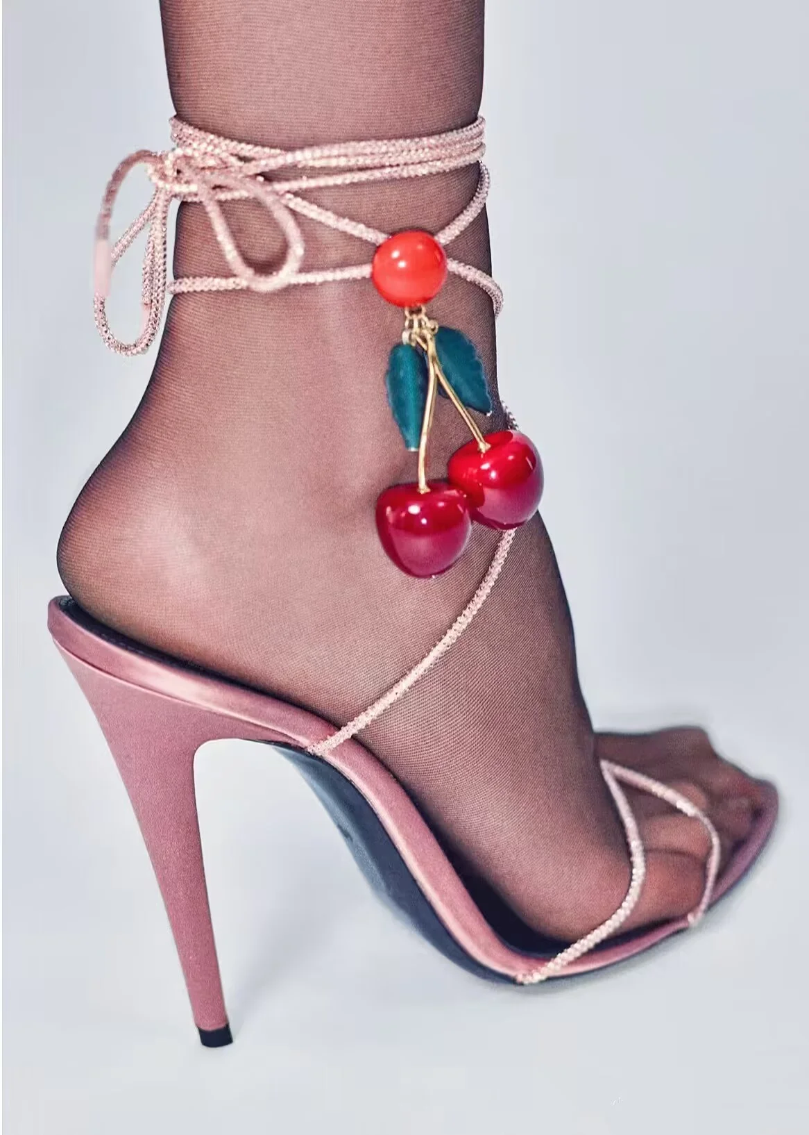Cross Strap Pointed Toe Shallow Bling Fruit Decoration Women Summer Sandals Stiletto High Heel Lace Up Design Large Size Shoes