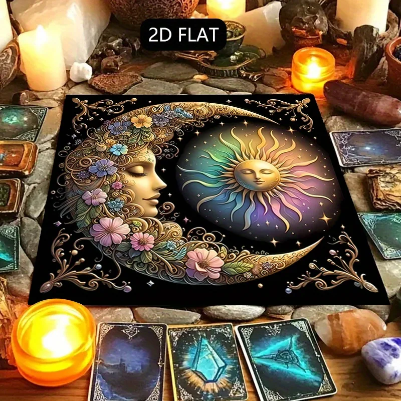 1 Piece of Charming Sun and Moon Mandala Altar Cloth - Elegant Black Bohemian Style Table Mat, Gold/Blue/Purple Starry Sky Design, Astrology Tarot Oracle Board, Polyester Square Meditation Witchcraft Altar and Home Decor