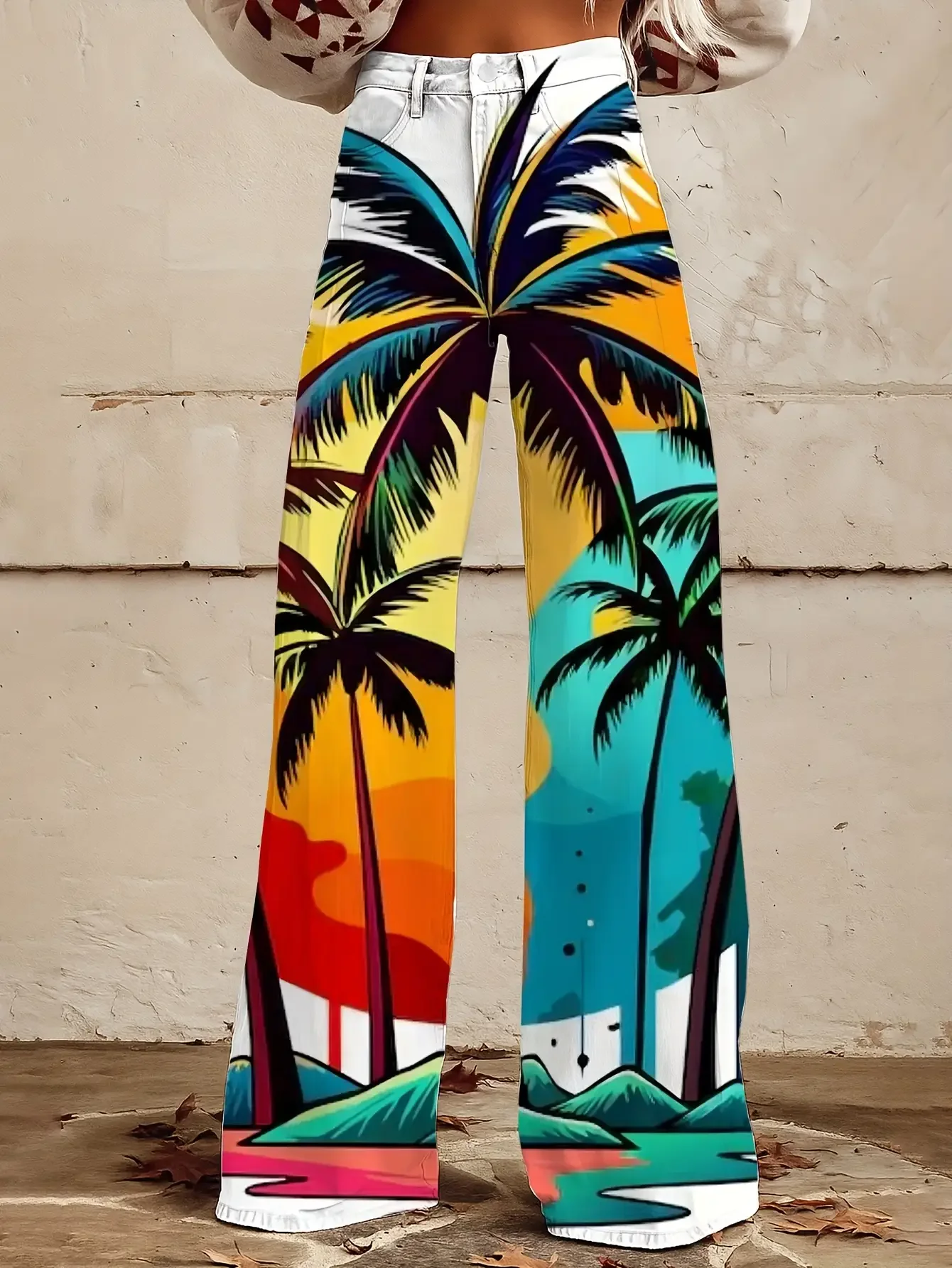  Casual jeans with colorful western prints, loose wide leg design, and fun printed women's pants.