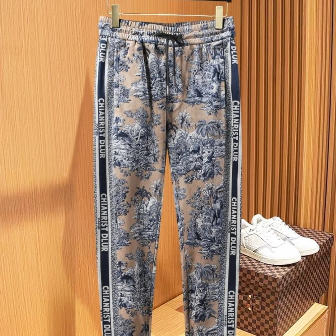 Autumn and Winter Light Luxury Trendy Brand Printed Casual Sports Versatile Striped Pants, Leg binding Pattern Pants for Men