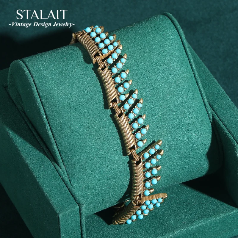 

Vintage Turquoise Stone Beaded Bracelets For Woman Antique Gold Color Blue Leaf Charm Bohemian Jewelry Gift 2025 New