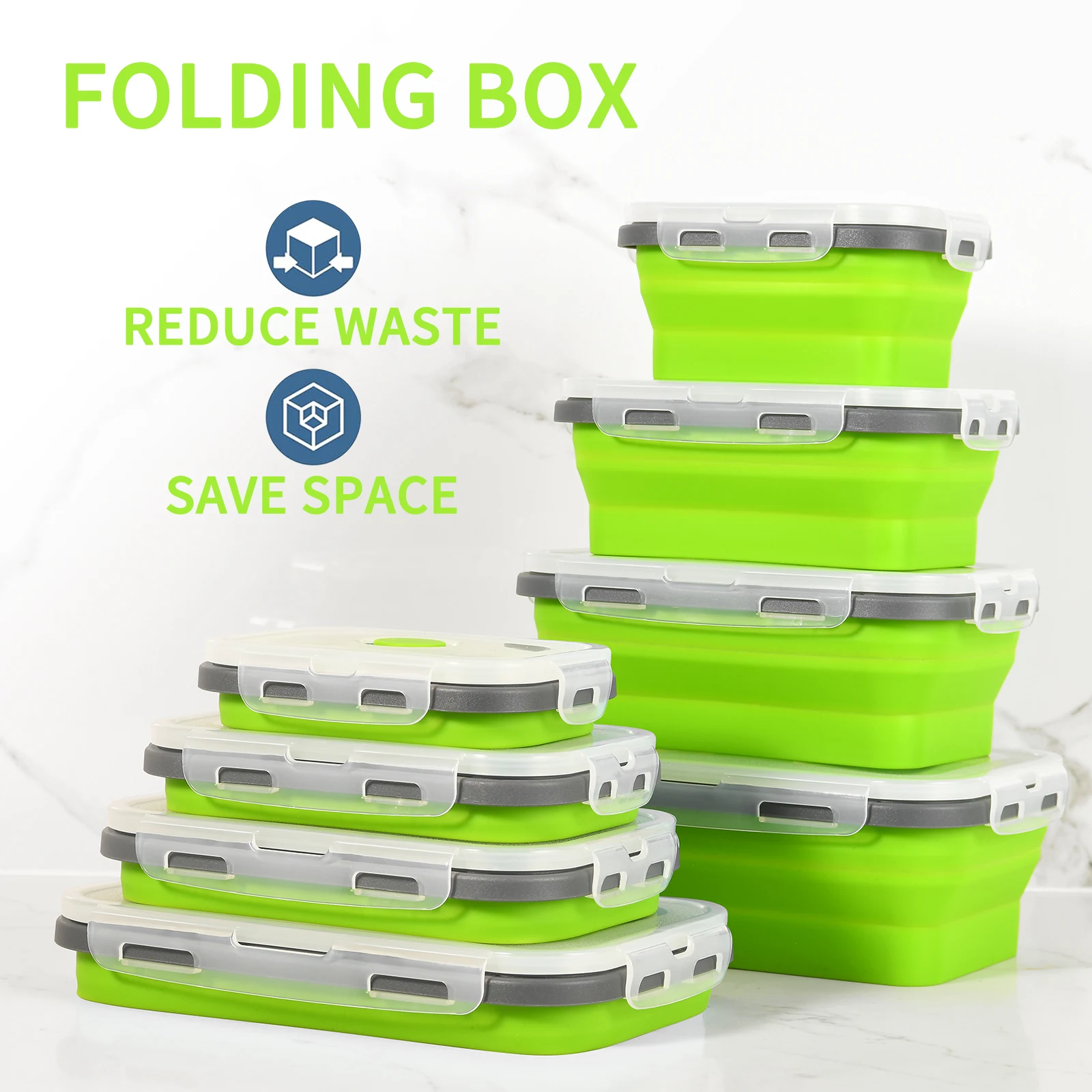 

4 Pcs Green Silicone Collapsible Square Food Storage Container Bowls with Lids, Microwave Freezer and Dishwasher Safe