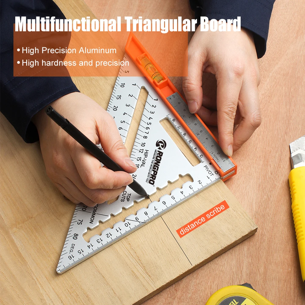 Rongpro Aluminum Alloy Triangular Ruler Double Scale Miter Framing Measurement For Carpenter Woodworking Tools Square Protractor