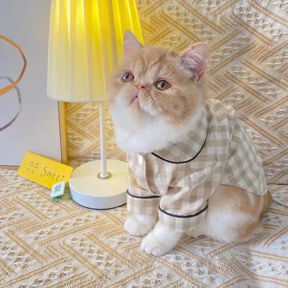 

Plaid Khaki Chihuahua Dog Shirt Home Leisure Fashion Soft Cat Overalls Sleep Wear Half Sleeve Pet Clothes for Cat Dog 고양이 옷