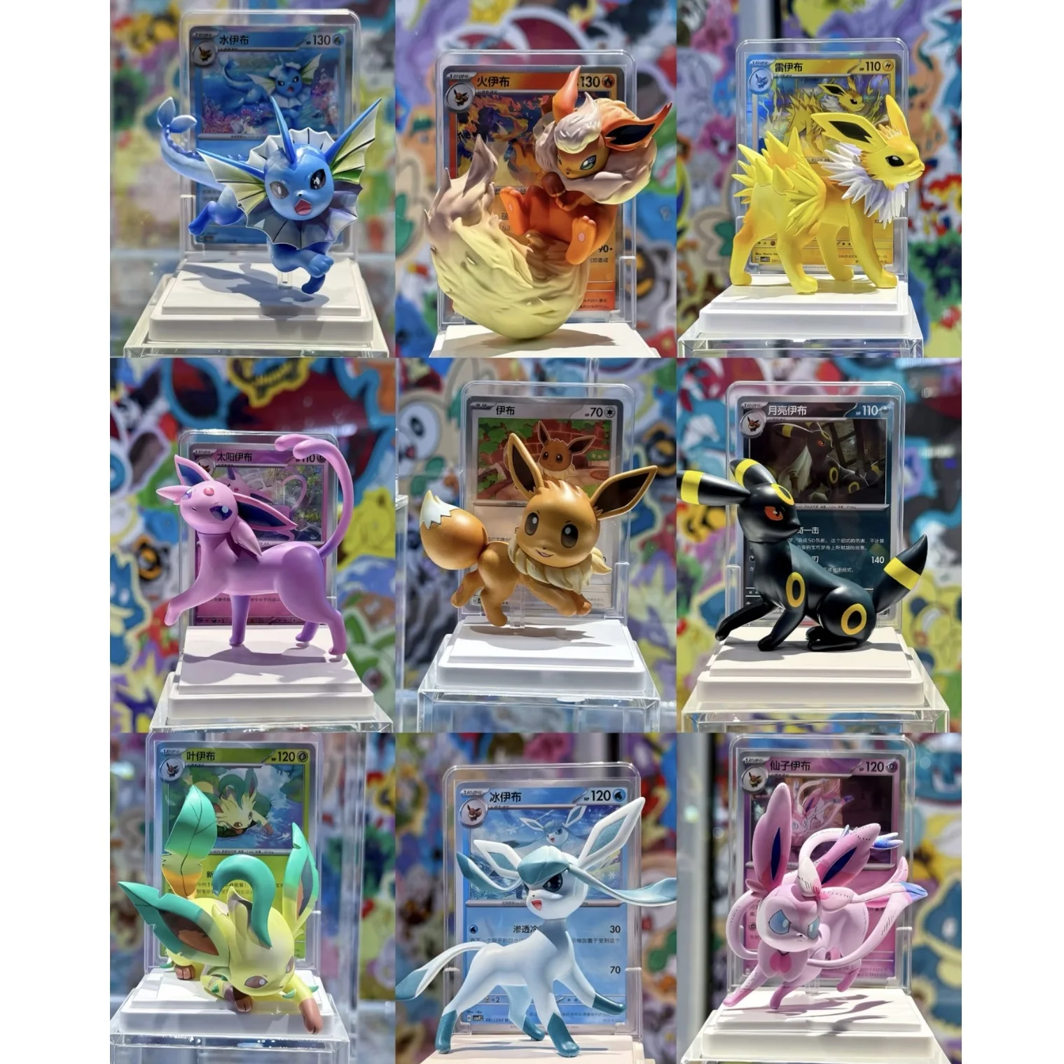 Original Sylveon Flareon Vaporeon Espeon Glaceon Umbreon Eevee Figure Model Toys With Game Card And Display Base