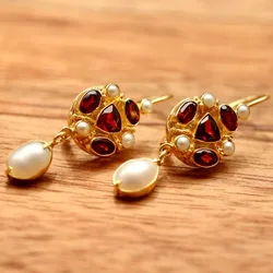 Charm Luxury Round Geometry Red Stone Earrings for Women Gold Color Imitation Pearl Party Dangle Earrings Jewelry