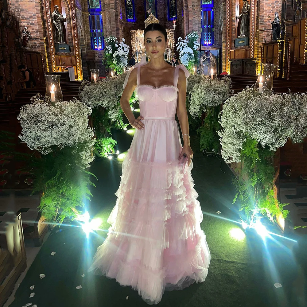 

Msikoods Pink Corset Prom Gown 2025 Tiered Ruffle Graduation Dress Wedding Guest Gown Tulle Evenig Party Dresses Customized