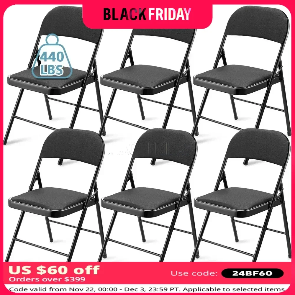 6 Pack Folding Chairs with Metal Frame and Fabric Upholstered, Portable Bulk Stackable Non Slip Folding Chairs for Office(Black)