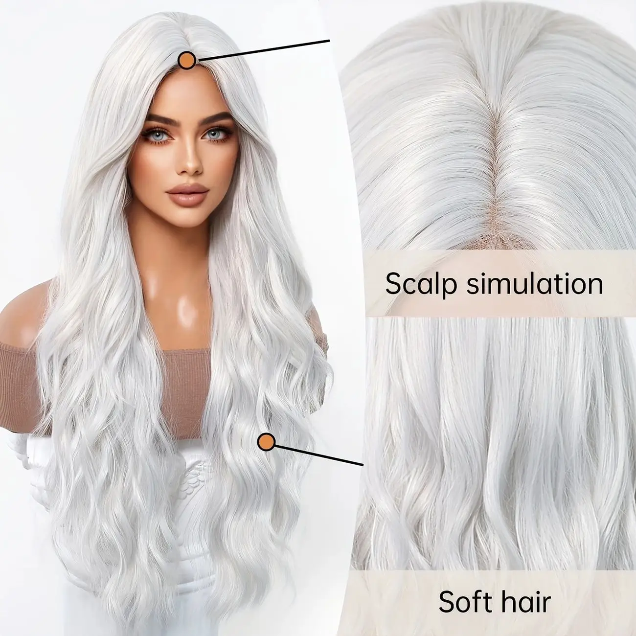 Silberweiße mittlere große Welle synthetisches langes lockiges Haar modische elegante reine weiße Imitationsperücke Damenperücke