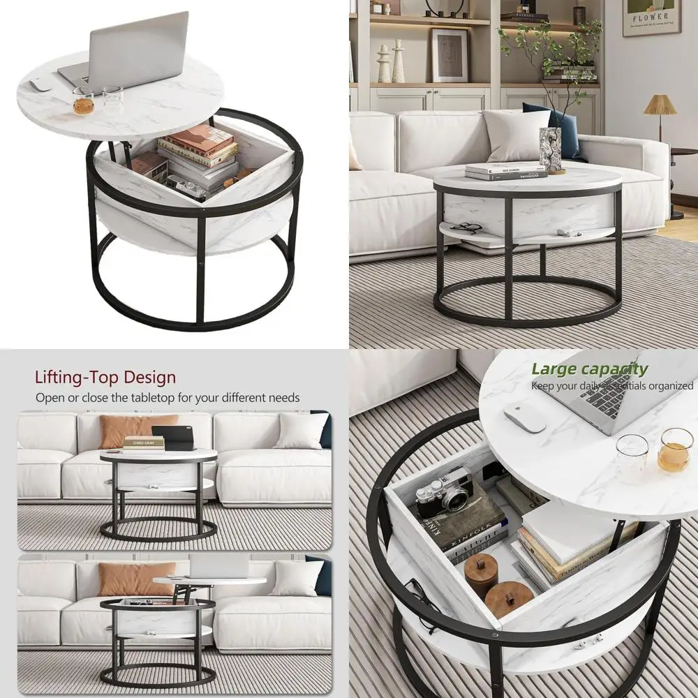 

White 2-Tier Round Dining Table with Storage and Lift Top for Living Room in Farmhouse Style