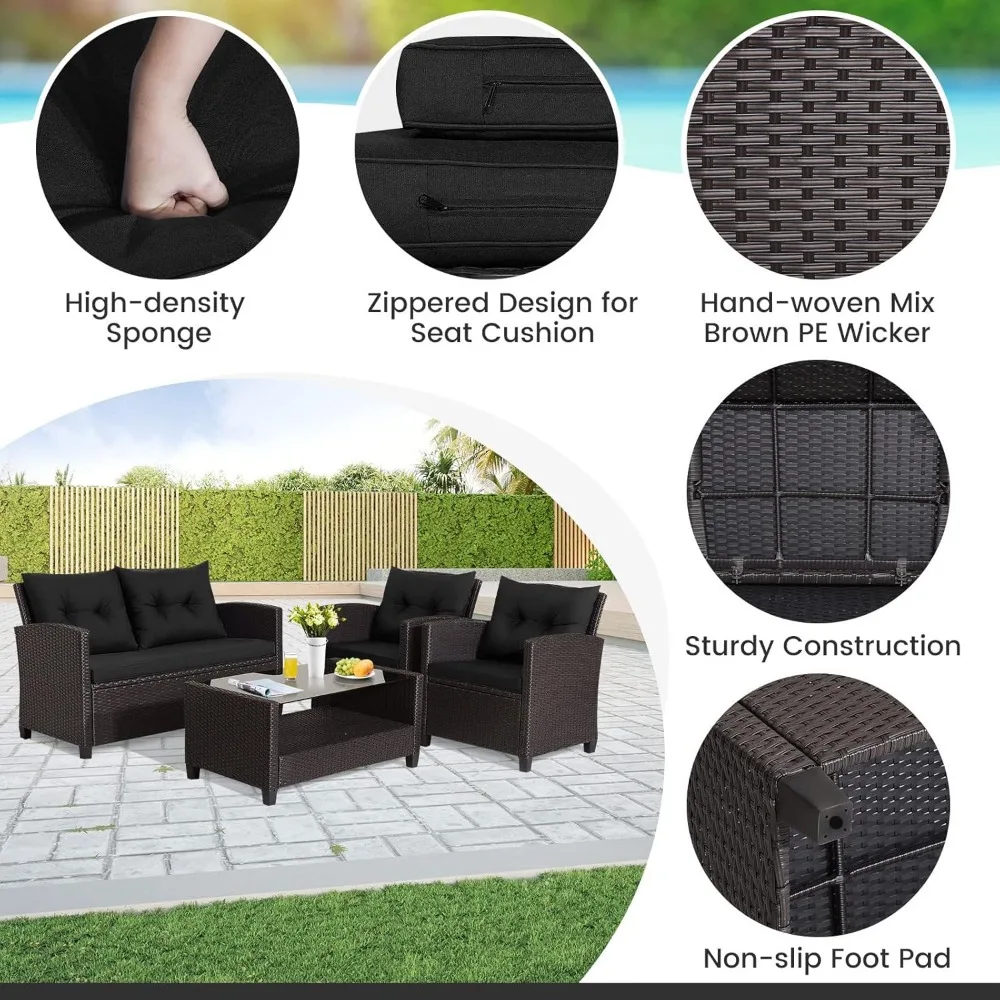 4 Pieces Patio Furniture Set Outdoor PE Rattan Conversation Sets with 2-Tier Coffee Table, Patio Furniture Set