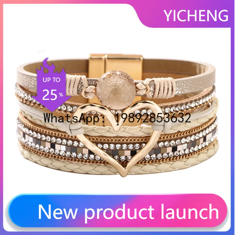 

Lyy fashion bracelet women's bohemia heart rhinestone magnetic bracelet artificial leather soft bracelet