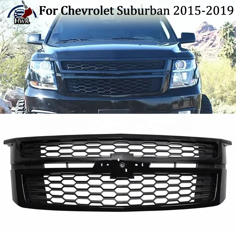 Car Front Bumper Grille Guard Grid For Chevrolet Suburban 2015-2019 Honeycomb Style Grille Gloss Black Modified Bodykit Parts