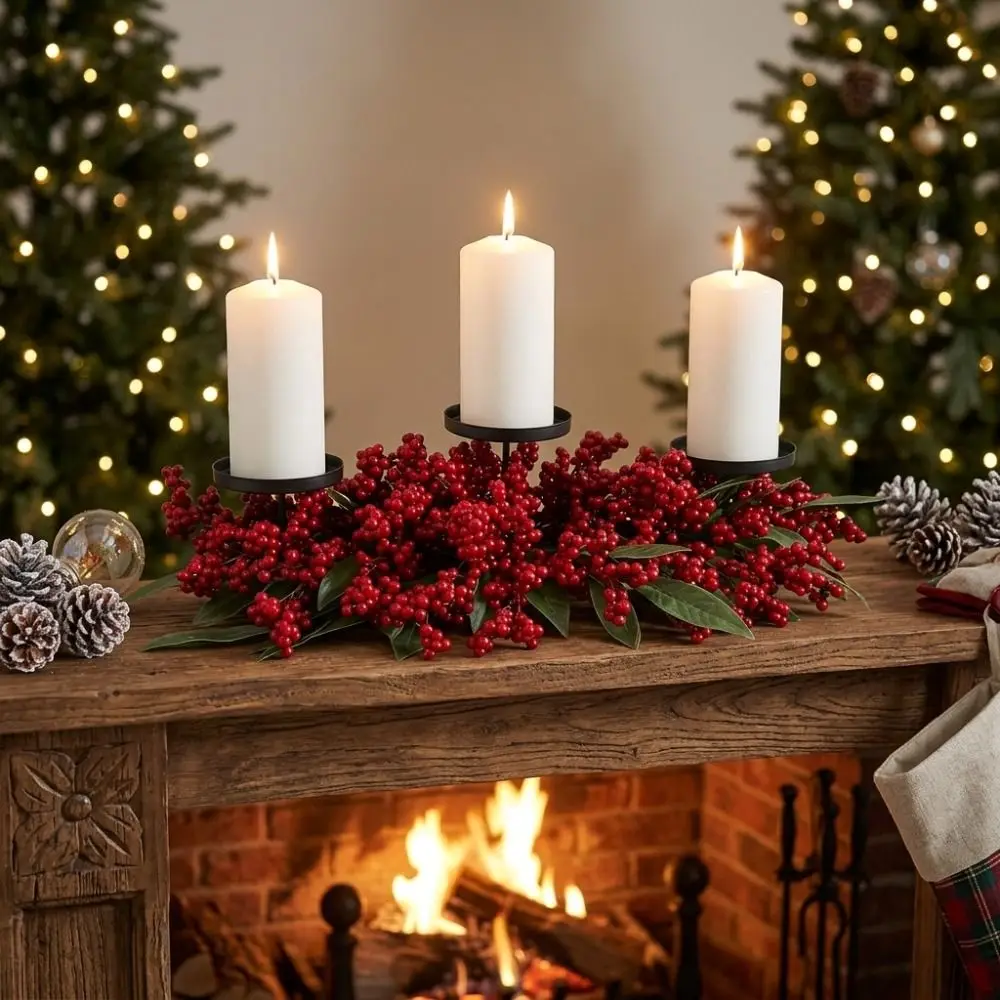 Artificial Berry Wreath Three Legged Candle Holder Simulated Stable Base Christmas Candlestick Wrought Iron Red