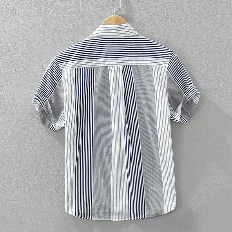 2024 Spring Summer New Patchwork Casual Striped Short Sleeve Shirts Men Clothing Thin Comfortable Cotton Streetwear CM8032