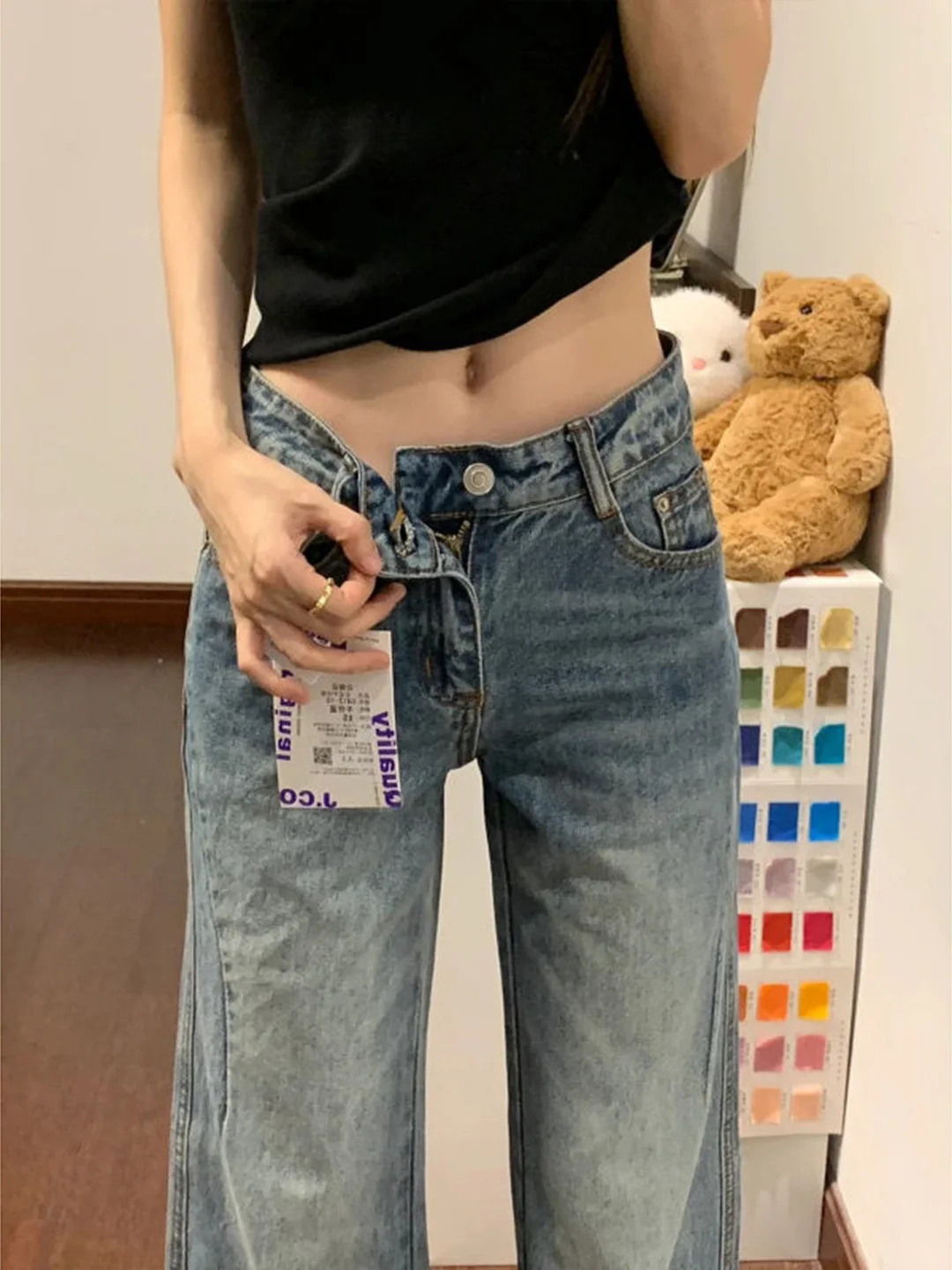 Retro American Spliced Low Waist Slimming Women's Jeans Non-matching Floor-Length Bell Bottoms Vintage Style Gradual Pattern