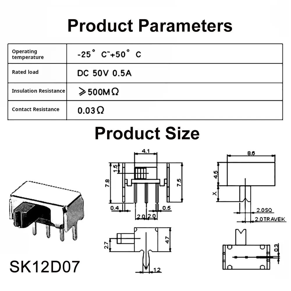20/50/100/200 Stück SK12D07VG SK12D07 Kippschalter 3PIN PCB 1P2T EIN-AUS Griff Miniatur-Schiebeschalter Seitenknopf Höhe 2/3/5/6/7mm – Detail 1