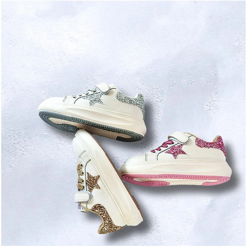 

Autumn Genuine Leather Sequin Kids Skate Shoes High Quality Arch Cushioned Sole Girls Sneakers Pink Children's Casual Shoes